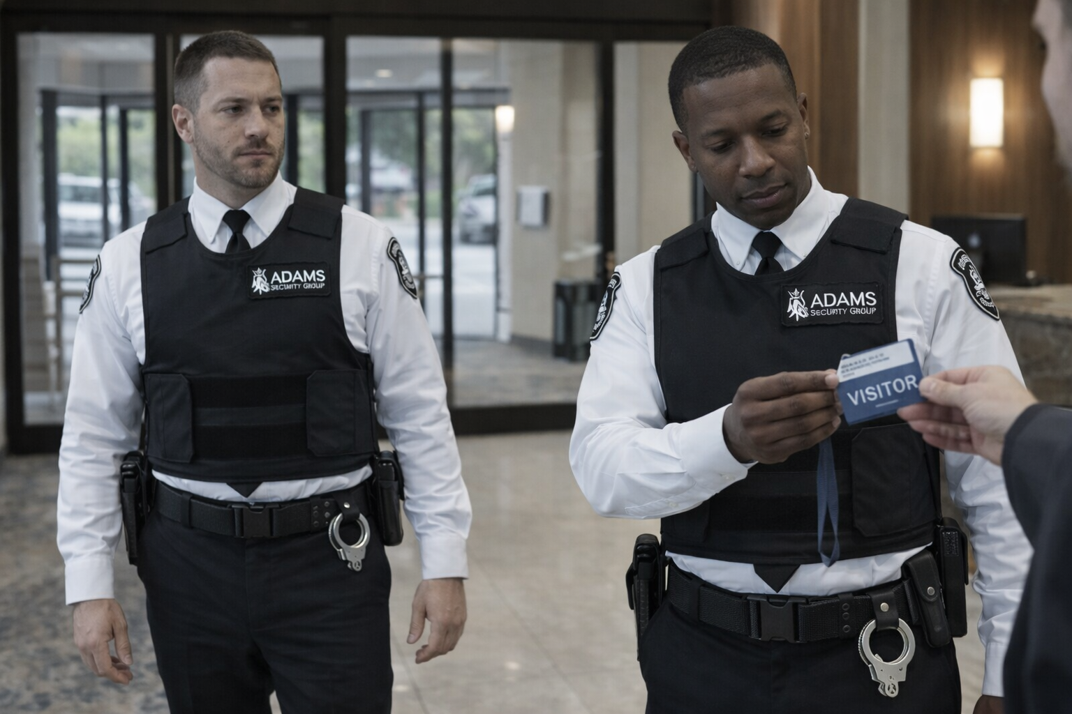 Adams Security Group guards conducting access control in commercial building