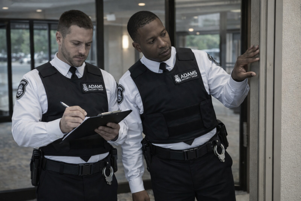 Adams Security Group security guards performing a site risk assessment.